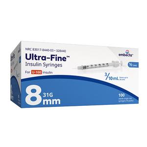 Ultra-Fine II™ U-100 Insulin Syringe 31G x 8mm Needle Length with 1/2 unit markings, 3/10cc Volume