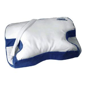 White and blue pillow with a brand logo on a white background