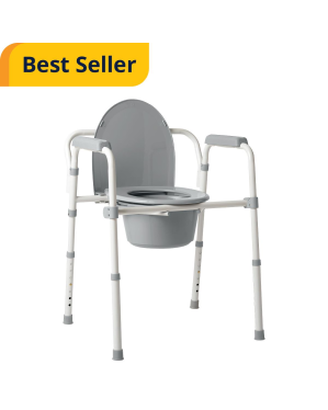 Steel 3-in-1 Folding Commode, Includes Seat with Lid, Bucket, Armrests, and Splashguard, Retail Packaging