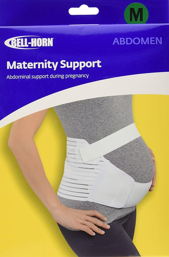 Bell-Horn maternity support belt packaging with a person wearing the belt on a yellow background.