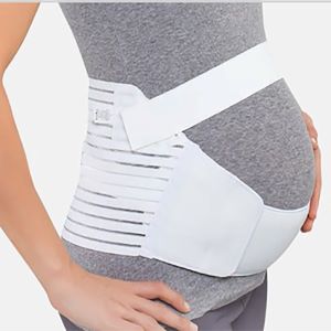 White maternity belt worn by a person on a white background
