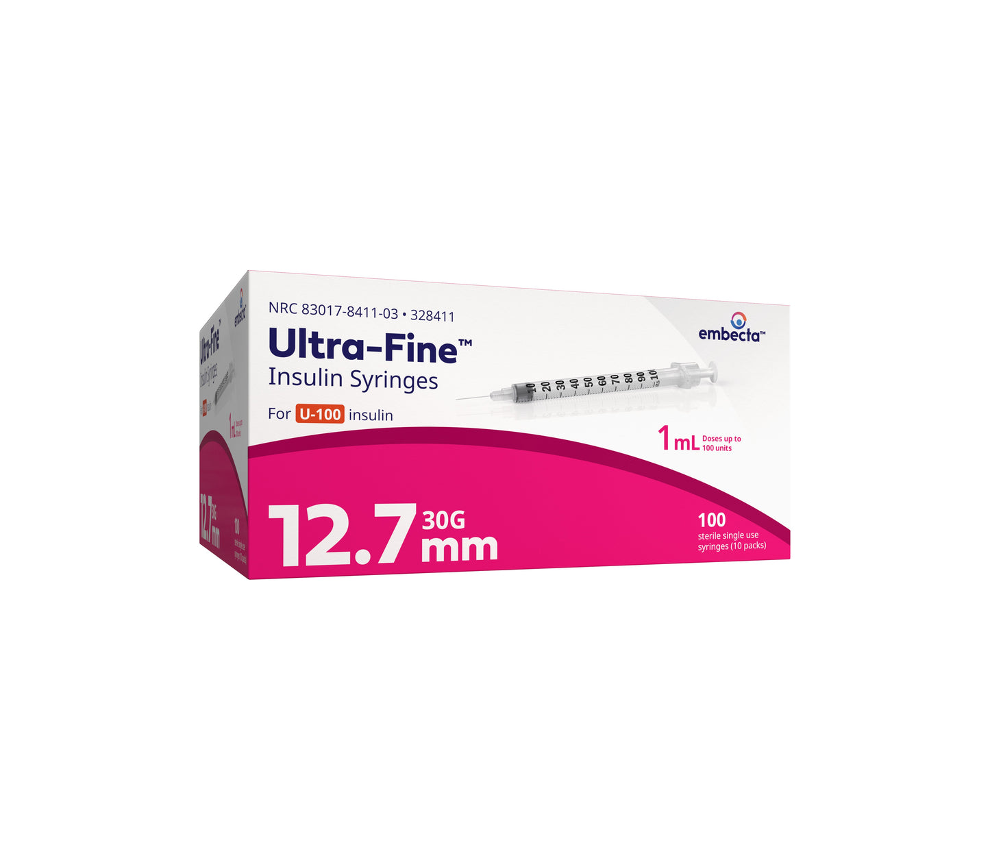 Box of Ultra-Fine insulin syringes with pink and white design on a white background
